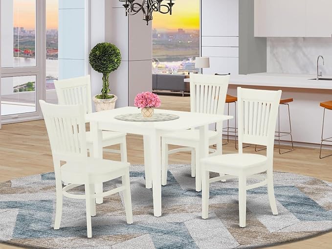 East West Furniture NDVA5-LWH-W 5 Piece Dining Table Set for 4 Includes a Rectangle Kitchen Table with Dropleaf and 4 Dinette Chairs, 30x48 Inch, Linen White
