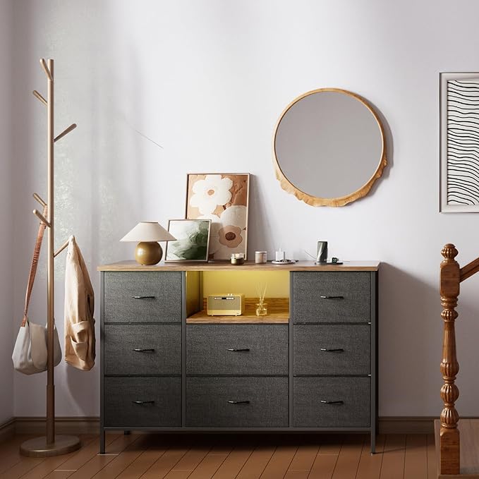 Black Dresser with LED Lights & Power Outlets, Dresser TV Stand with 8 Drawers for 55" TV, Fabric Chest of Drawers for Bedroom, Living Room, Entryway