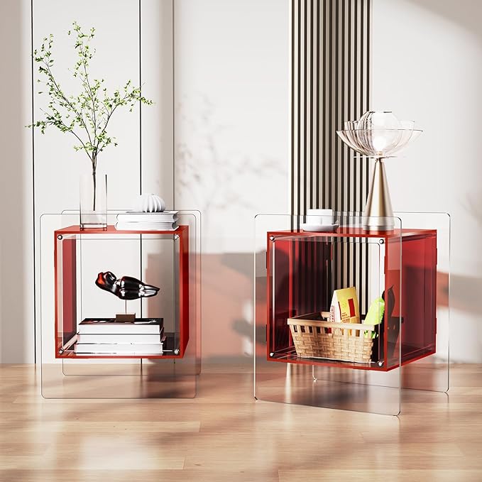 Acrylic Nightstand Colorful Bedside Table with Open Storage Shelf,Clear Side Table for Living Room (1, Red)