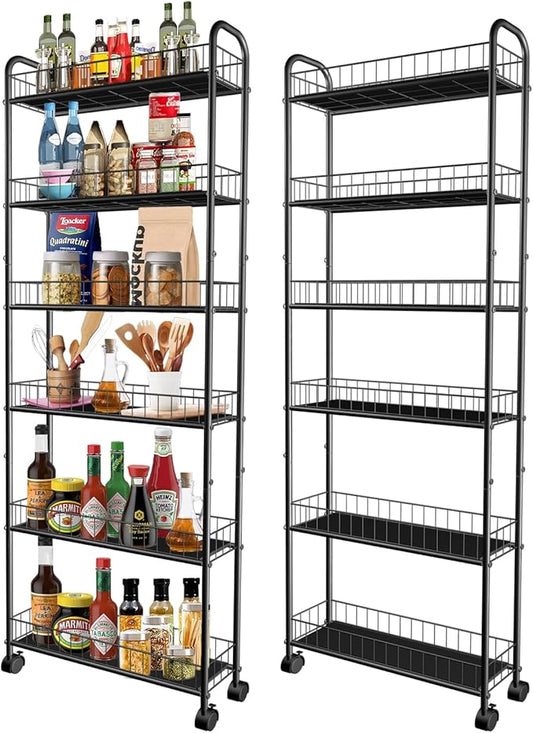 Slim Storage Cart with Wheels, 6-Tier 6in Black Narrow Rolling Shelf,Sturdy Slim Storage Ideal for Kitchen, Bathroom, and Laundry Room