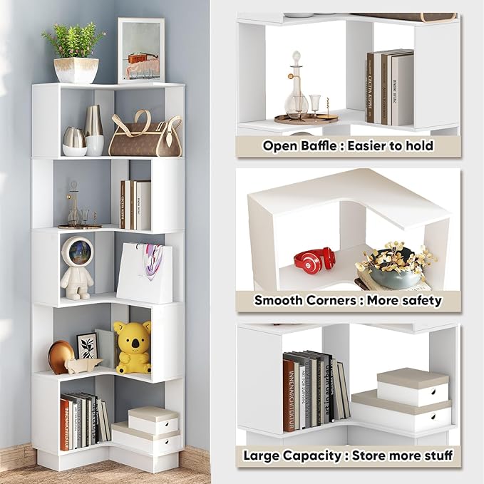 Corner Bookshelf, 68.9" Tall Wooden Corner Bookcase 5 Tiers L-Shaped Storage Freestanding Display Rack Large Open Bookshelf with Fixture for Living Room Bedroom Study Office (White)