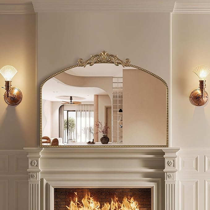 Gold Antique Mirror 40” x 30”, Large Ornate Mantel Mirrors with Arch Frame, Vintage Mirror Over Fireplace, Decorate Gold Beaded Frame for Living Room/Entryway/Dresser