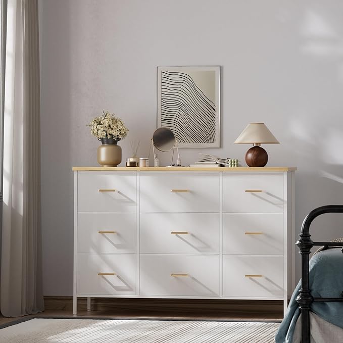 Wide TV Stand Modern TV Console, 9 Drawers Dresser for Bedroom, Fabric Storage Cabinet, Chest of Drawers for Closet, Nursery, Living Room（White）