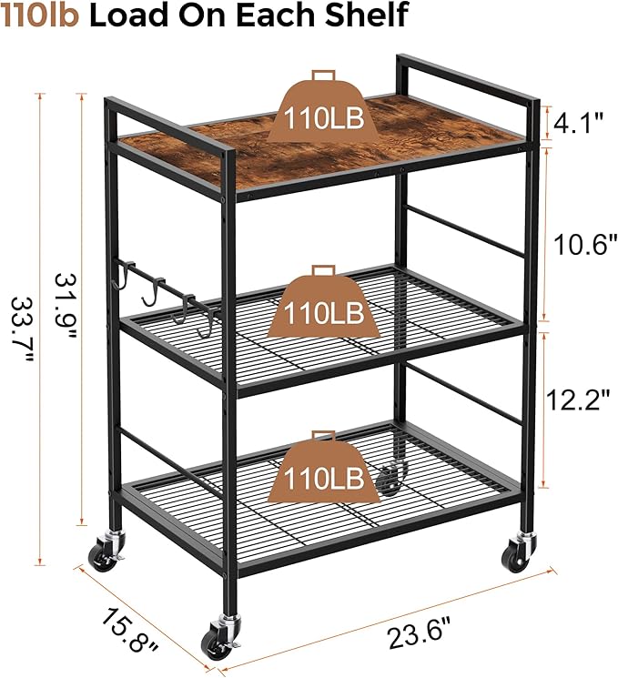 3-Tier Kitchen Cart with Adjustable Shelves - Microwave Storage Cart & Utility Rolling Organizer, Industrial Wheels for Small Spaces, 15.7"x23.6"x33.7" Kitchen Office Living Room Metal Rack