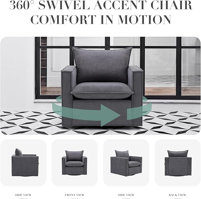 COLAMY Swivel Accent Chair Set of 2, 34 Inches Wide Upholstered Arm Chair with Plump Back Pillow, Modern Sofa Living Room Chair for Bedroom, Corner, Reading Nook-Grey