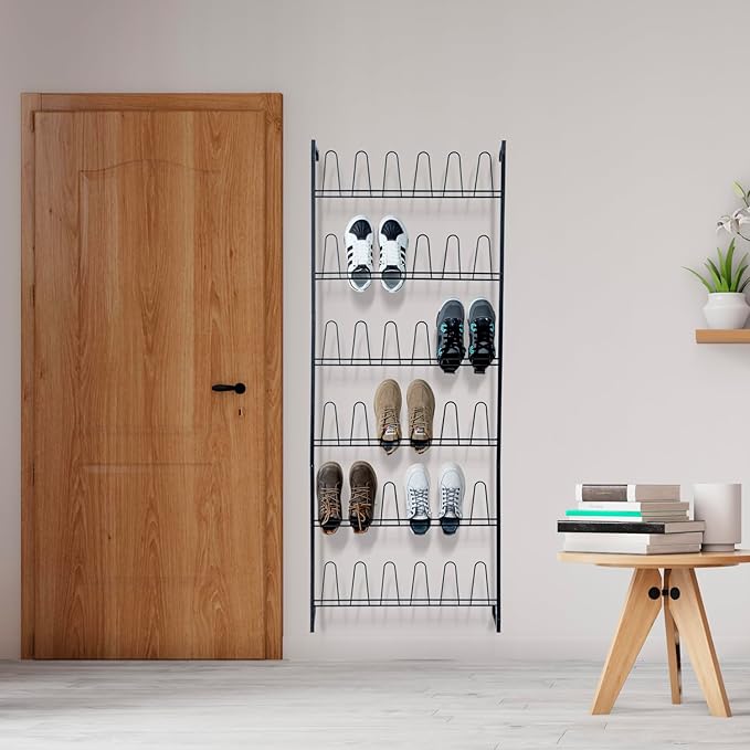 MyGift 70 Inch Black Metal Shoe Organizer for Entryway, Wall Mounted Shoe Rack for Closet with 36 Hooks, Holds up to 18 Pair