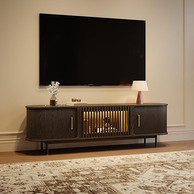 POVISON Sliding Tambour Door TV Stand with LED Lights, Mid Century Modern TV Console, Wood Media Console, Entertainment Center with Storage Cabinet, Fully-Assembled (Black, 70.87")
