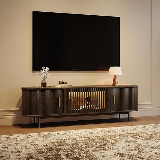 POVISON Sliding Tambour Door TV Stand with LED Lights, Mid Century Modern TV Console, Wood Media Console, Entertainment Center with Storage Cabinet, Fully-Assembled (Black, 70.87")