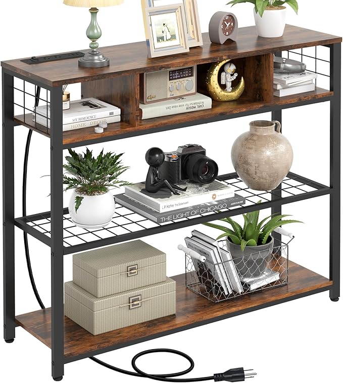 Console Tables with Charging Station, 4 Tier Narrow Sofa Tables with Storage Shelves, Entryway Tables with Outlet and USB Ports, Behind Couch Table for Living Room Hallway, Rustic Brown
