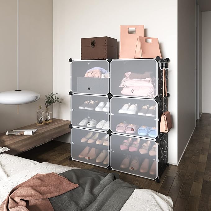 ROJASOP Portable Shoe Rack Organizer 6-Tier Shoe Cabinet 24-Pair shoe Storage Expandable Free Standing Stackable Space Shoe Rack with 2 exclusive Versatile Hooks for Bedroom Black
