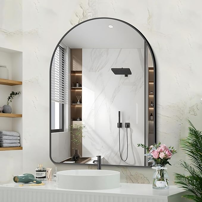 Arched Bathroom Mirror, 26"x38" Black Arched Mirror for Bathroom, Wall Mounted Mirror, Black Vanity Wall Mirror w/Metal Frame for Bedroom, Entryway, Living Room, Hanging or Leaning Against Wall