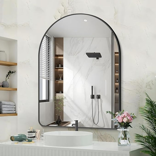 Arched Bathroom Mirror, 26"x38" Black Arched Mirror for Bathroom, Wall Mounted Mirror, Black Vanity Wall Mirror w/Metal Frame for Bedroom, Entryway, Living Room, Hanging or Leaning Against Wall