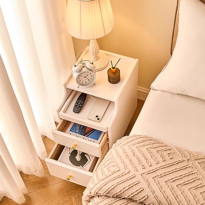 Uniclinens White Narrow Nightstand with Drawers, Small Slim Solid Wood Bedside Table for Bedroom, Modern End/Side for Living Room