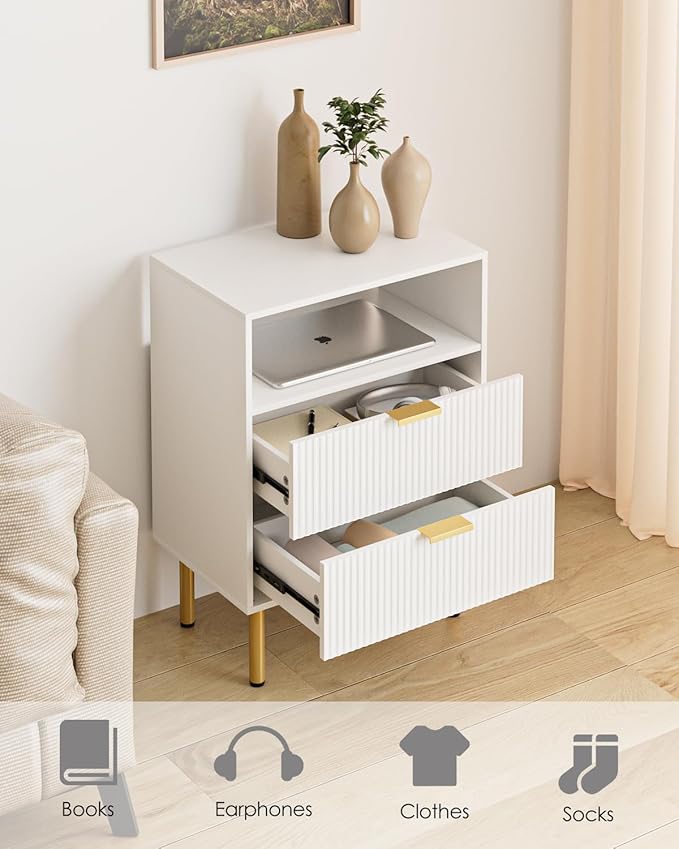 Night Stand,Tall Bedside Table with 3Storage Drawers,White Nightstand,Bedside Furniture,Side Table with Gold Frame,End Table for Bedroom,Living Room (Modern-2drawers 1shelf, White)