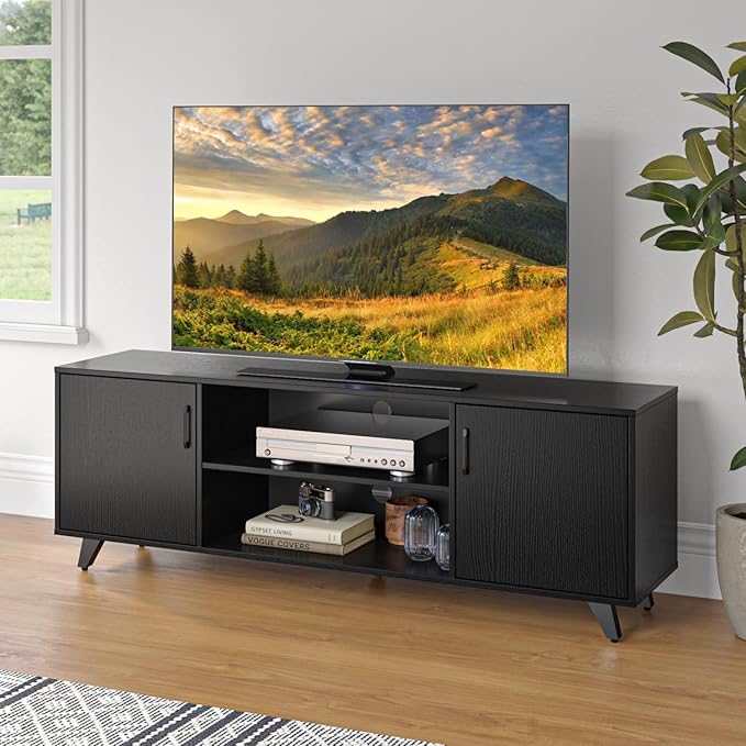 Panana TV Stand for TV up to 50 Inches, 2 Doors Entertainment Center with Open Shelves Storage, TV Console Unit for Living Room Bedroom (Black)