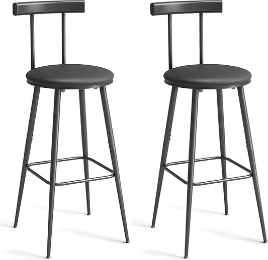 Bar Stools, Set of 2 High Kitchen Barstools, Bar Chairs with Backrest and Footrest, Industrial Counter Stools with PU Soft seat, for Kitchen, Living Room, Pub, Black BS-013BK