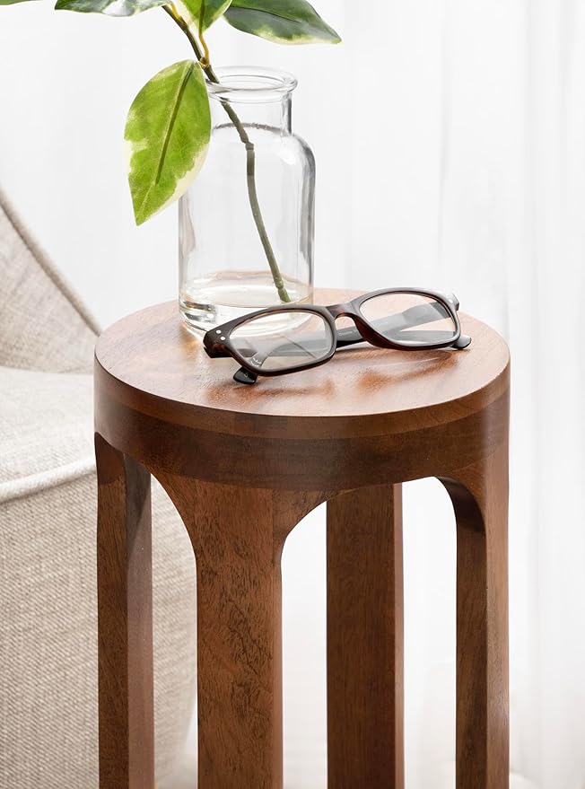 Kate and Laurel Dahl Wooden Round Drink Table; 8 x 23; Walnut Brown; Mid-Century Modern Circle Wood Accent Pedestal Table for Living Room Plant Stand or Small Bedroom Nightstand