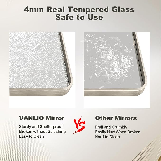 48x36 Inch Brushed Nickel Bathroom Mirror, Brushed Silver Metal Framed Wall Mirror, Rounded Corner Rectangle Modern Vanity Mirror, Tempered Glass, Anti-Rust, Shatterproof (Horizontal/Vertical)