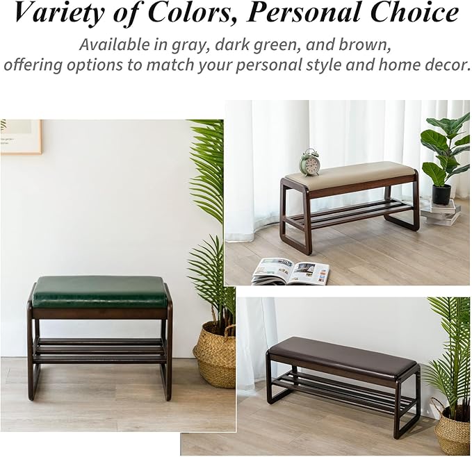 Shoe Bench, Entryway Bench with Leather Cushion, Solid Wood Shoe Rack, Mid Century Modern Bench, Shoe Storage, Shoe Organizer for Entryway (Green, 21.7" W)