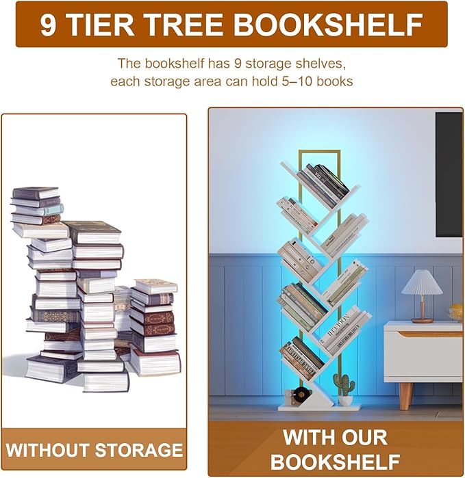 Tree Book Shelf with LED Lights, 9 Tier Floor Standing Bookcase, Classical Corner Shelf Kids Bookshelf, Tall Wood Book Storage for Bedroom, Living Room, Home Office, White