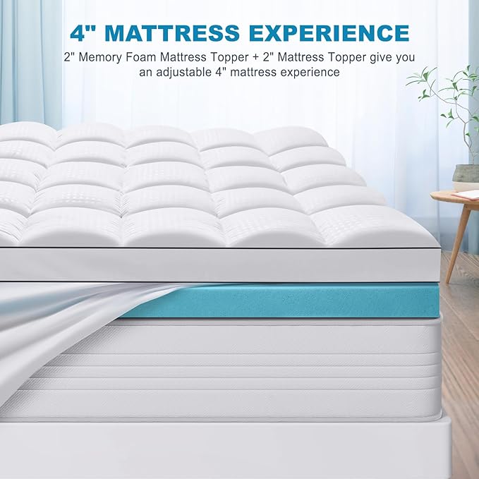 MASVIS Twin XL Size Dual Layer 4 Inch Memory Foam Mattress Topper, 2 Inch Gel Memory Foam and 2 Inch Cooling Pillow Top Mattress Pad Cover for Back Pain, Medium Support