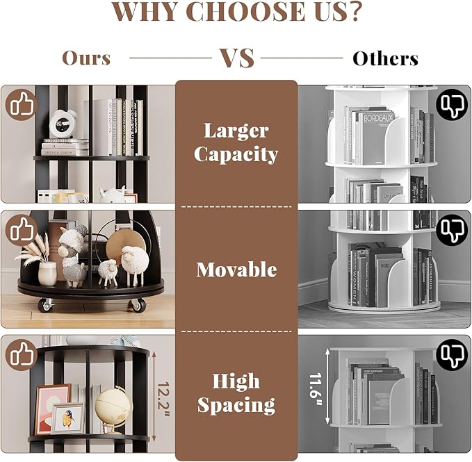 4 Tier Rotating Bookshelf with Brake Wheels, 360° Spinning Bookcase, Vertical Floor Standing Revolving Bookshelf Organizer for Small Spaces, Corner, Living Room, Bedroom, Black