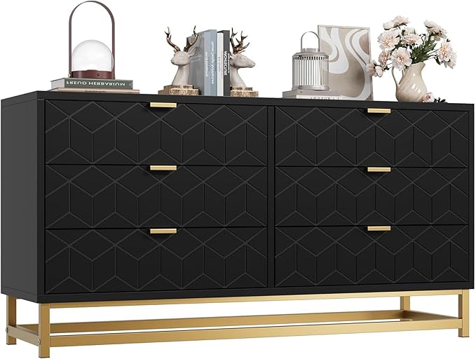 Dresser for Bedroom, 53.5" Large Dresser Organizer, 6 Drawer with Golden Metal Handle and Legs, Modern Chest of Drawers, Black Dressers with Drawers for Closet, Hallway, Living Room, Entryway