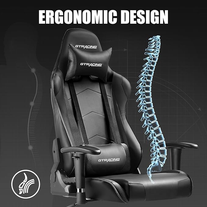 GTRACING Gaming Chair Racing Office Computer Ergonomic Video Game Chair Backrest and Seat Height Adjustable Swivel Recliner with Headrest and Lumbar Pillow Esports Chair (Dark Black)