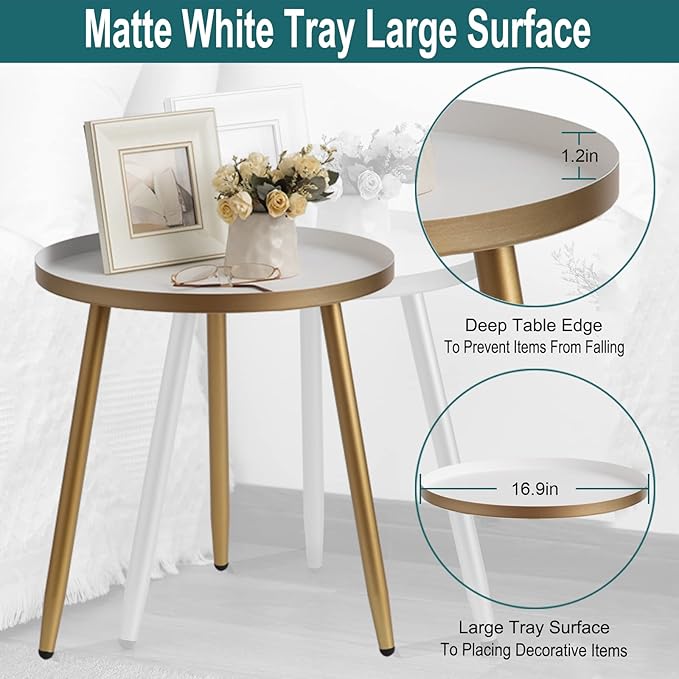 AOJEZOR Side Table: End Table for Any Room - Round Side Tables for Small Spaces - White Top with 3 Gold Legged