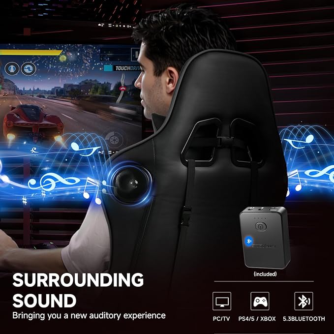 GTPLAYER Gaming Chair with Bluetooth Speakers, Adjustable Backrest and Height, 3D Armrests, Footrest, Ergonomic Computer Chair for Gamers (Dark Black)