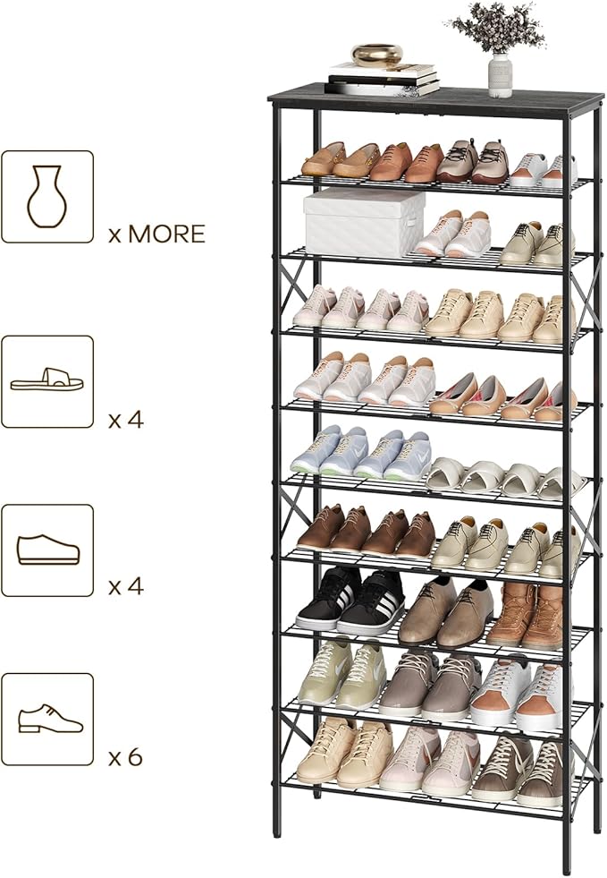 10 Tier Shoe Rack, Large Capacity Shoe Storage Organizer Holds 40 Pairs, Durable and Stable, for Entryway, Hallway, Closet, Dorm Room, Charcoal SS10BCG1