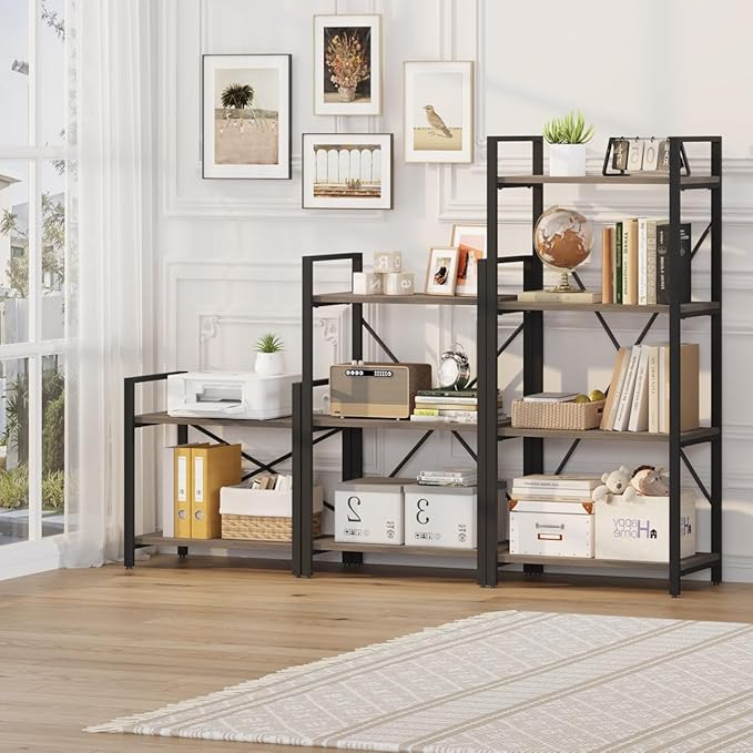 BON AUGURE 3 Tier Bookshelf, Small Rustic Book Shelf, Short Industrial Bookcase, Wood Metal Standing Etagere for Office, Bedroom and Living Room (Greige Oak)