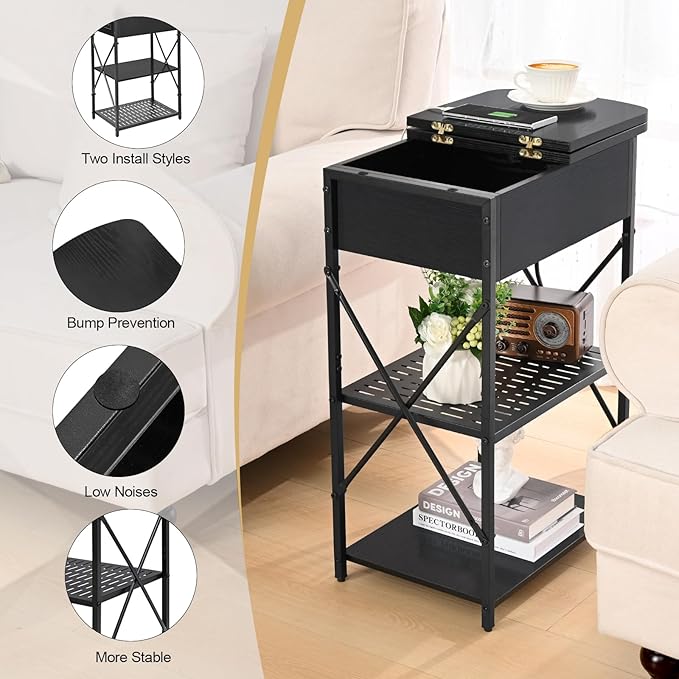 Narrow Side Table with Charging Station, End Tables Set of 2 for Small Spaces, Flip Top End Table with Storage, Black End Tables Living Room, Nightstand Set 2 with Drawer for Bedroom