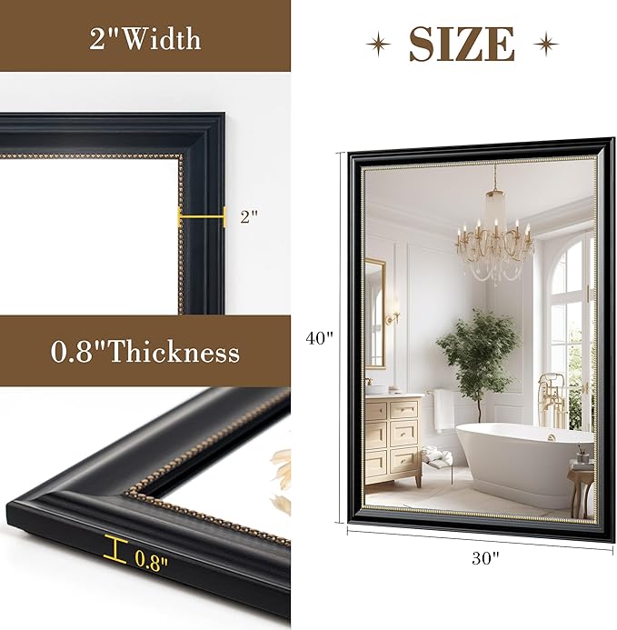 Axeman 30x40 Rectangular Wall Mirror, Decorative Bathroom Mirror, Traditional Vintage Wall Mounted Mirror with Beaded Frame for Accent Living Room Vanity Bedroom Entryway, Black
