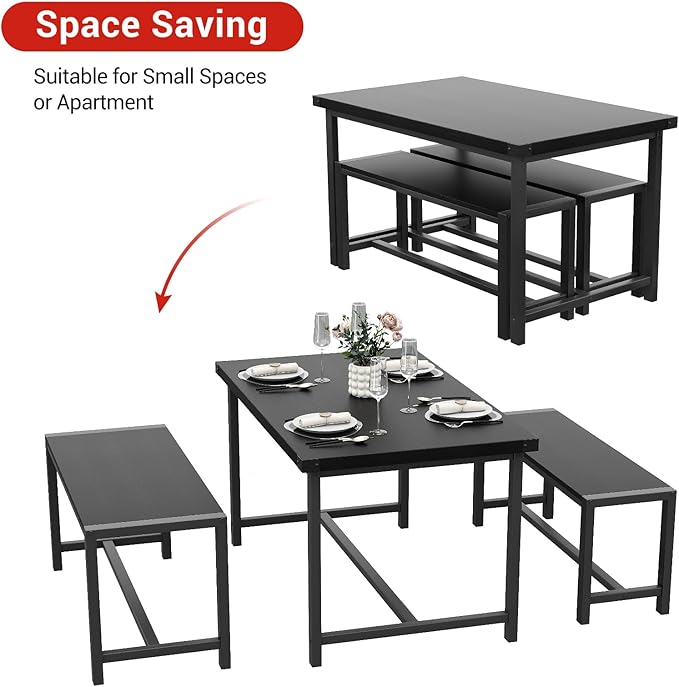 Garvee Dining Table Set for 4, Kitchen Table with Benches, 3 Piece Rectangular Dining Room Set with 2 Wooden Benches for Small Space, Apartment, Studio, Home, Rustic Black