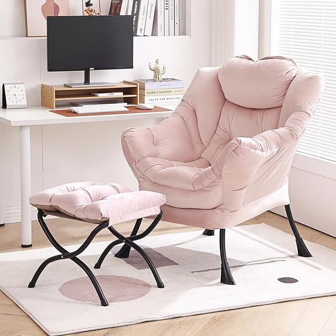 Lazy Chair with Ottoman, Modern Chair with Folding Footrest, Lounge Accent Chair, Comfortable Reading Chair, Oversized Armchairs for Bedroom, Study, Living Room, Courtyard (Pink)