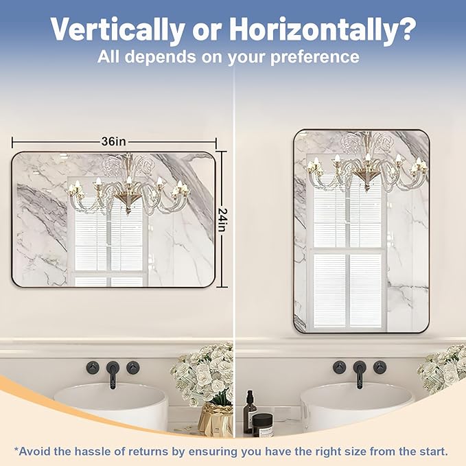 24x36 Inch Brushed Bronze Bathroom Mirror for Wall, Metal Framed Rectangle Mirror with Rounded Corner, Bathroom Vanity Mirror in Aluminum Alloy, Hangs Horizontally or Vertically