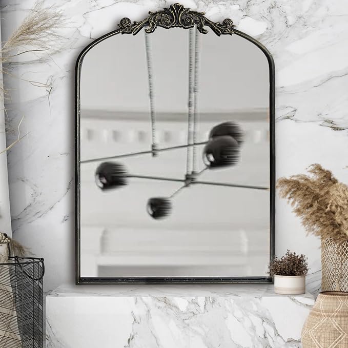 WAMIRRO Ornate Black Mirror,Vintage Arched Baroque Antique Mirorrs for Living Room Hallway Fireplace Bathroom Entryway 24"X36"