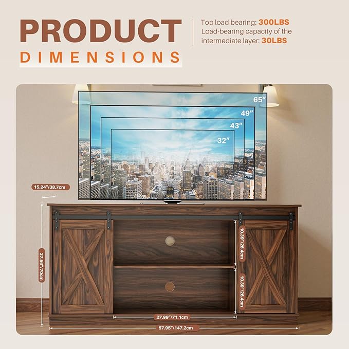 Sweetcrispy Farmhouse TV Stand for Living Room Bedroom Brown 65 Inch, Tall Entertainment Center with Storage Shelves, Media Console Cabinet with Wood Board, 300 LBS Capacity and Sliding Barn Door