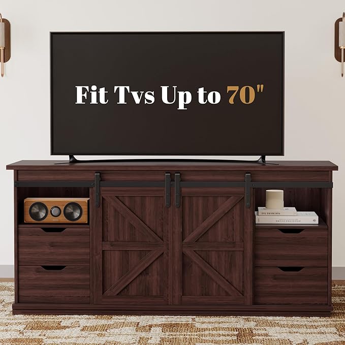 YESHOMY TV Stand for Televisions up to 65 Inchs, with Sliding Barn Doors and 4 Storage Drawers, Console Table and Media Furniture for Living Room, 58 Inch, Espresso
