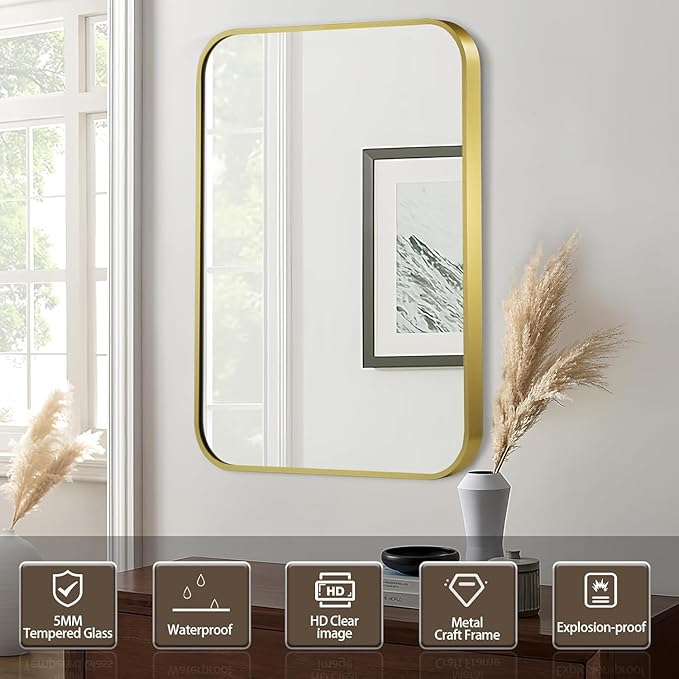 Matte Gold Mirror, 40x30 Inch Brushed Gold Mirror, Aluminum Alloy Framed Vanity Mirror, Rounded Rectangle Bathroom Mirror for Over Sink, Anti-Rust Wall Mirror (Horizontally or Vertically)