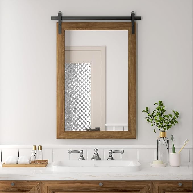 Farmhouse Wall Mirror, Rustic Wood Frame Bathroom Mirror Barn Door Inspired Decorative Vanity Dress Mirrors for Living Room Entryway, 24x36 INCH Brown