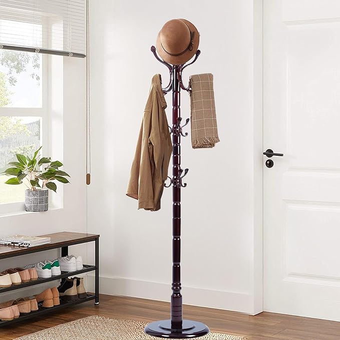 Coat Racks Free Standing with 14 Hooks, Natural Wood Coat Stands for Entryway, Adjustable Height 72 in Tree Coat Rack Stand for Hallway Home Office Bedroom (Mahogany Ruyi)