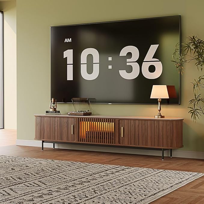 POVISON Fully-Assembled Mid Century Modern Black TV Stand with White Matte Travertine Stone Tabletop & LED Lights, Rolling Door Media Console, Wood TV Console for Living Room