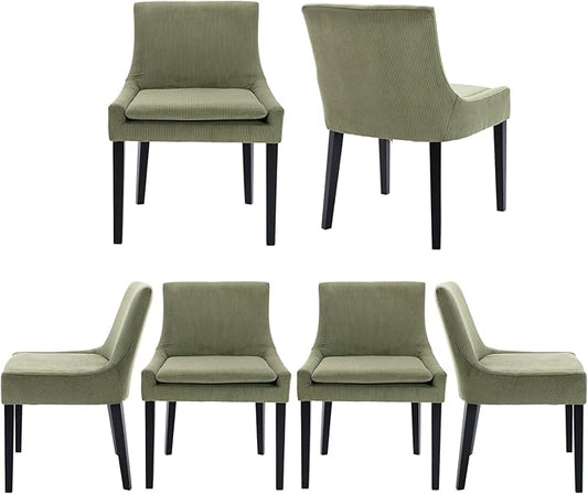 COLAMY Modern Dining Chairs Set of 6, Upholstered Corduroy Accent Side Chairs with Mid Back and Wood Legs for Living Room/Dining Room- Light Green