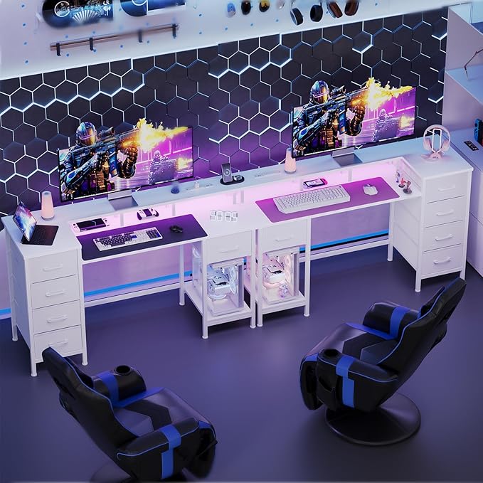 47 Inch Computer Gaming Desk with Power Outlets LED Lights Reversible Home Office with Adjustable Fabric Storage Drawers for Working Writing Study, White