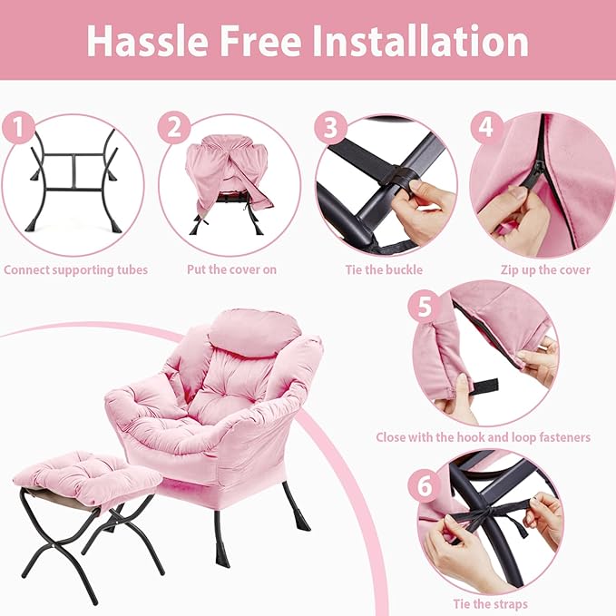 Lazy Chair with Folding Ottoman, Accent Chair Velvet Upholstered with Metal Structure and Non-Slip Pads, Sofa Armchair with Footrest and Side Storage Bag for Dorm, Room, Office, Pink