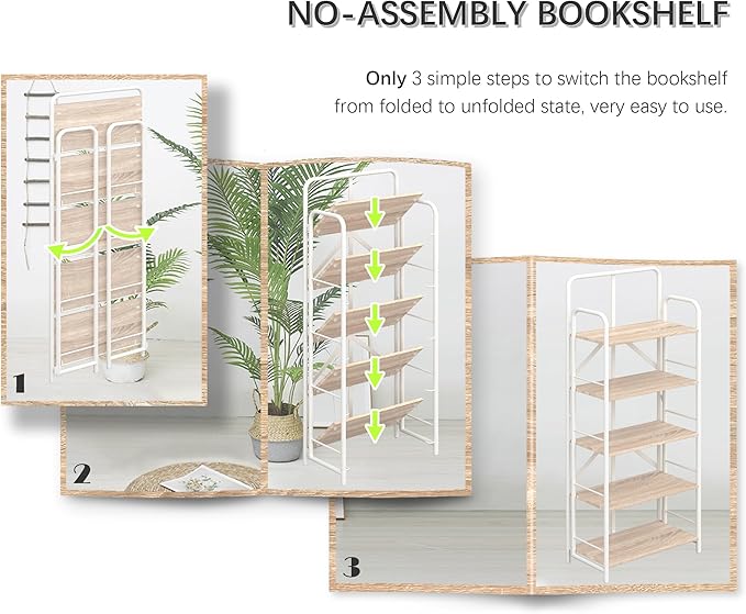 4NM No Assembly Folding Bookshelf 5 Tiers Vintage Industrial White Book Shelf Metal Foldable Storage Bookcase and Bookshelves for Living Room,Bedroom and Kitchen - Natural