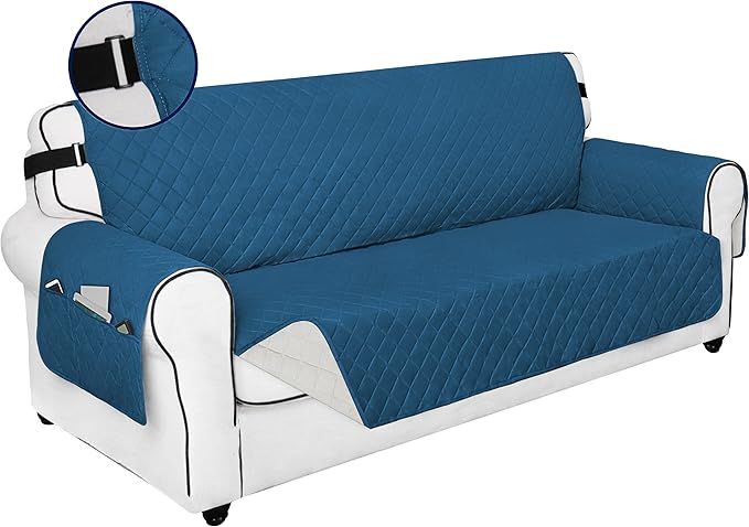 PureFit Reversible Sofa Couch Cover Water Resistant Couch Covers for 3 Cushion, Washable Furniture Cover with Non-Slip Foam and Adjustable Strap for Dogs, Pets (Sofa, Peacock Blue/Ivory)