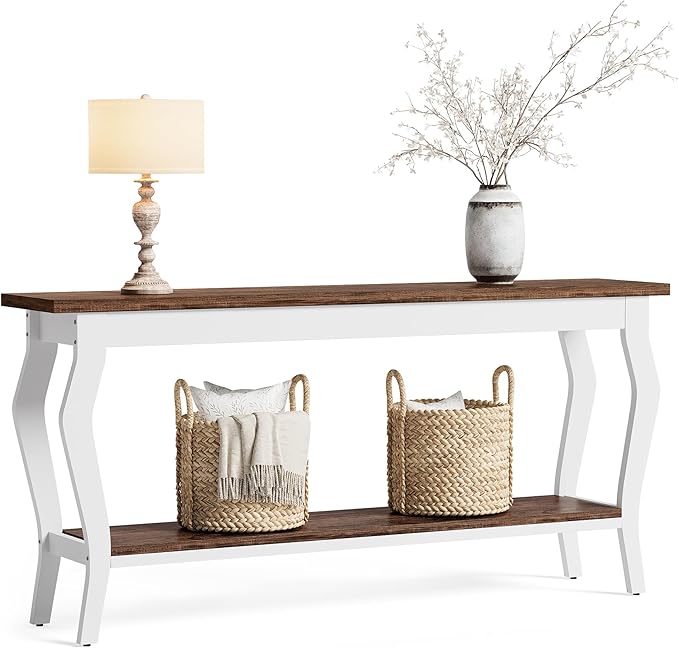 LITTLE TREE 70.9 Inches Long Console Table, 2-Tier Vintage Wooden Sofa Table Behind The Couch with Metal Legs for Hallway, Entryway, Living Room, Brown & White
